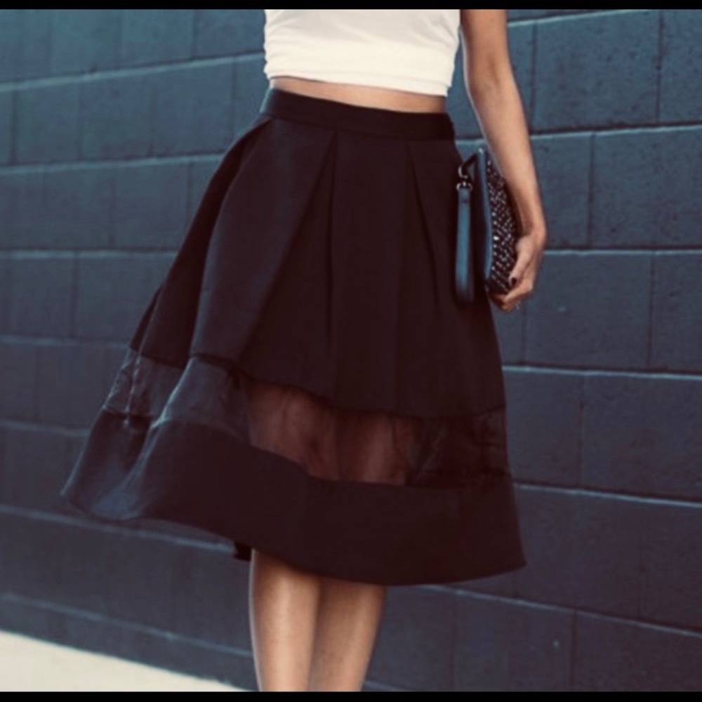 New black A-line skirt with mesh cutout.